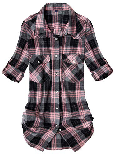Alimens & Gentle Womens Plaid Flannel Shirts Casual Roll Up Long Sleeve Collared Loose Button Down Shirt Work Blouses Pink Grey