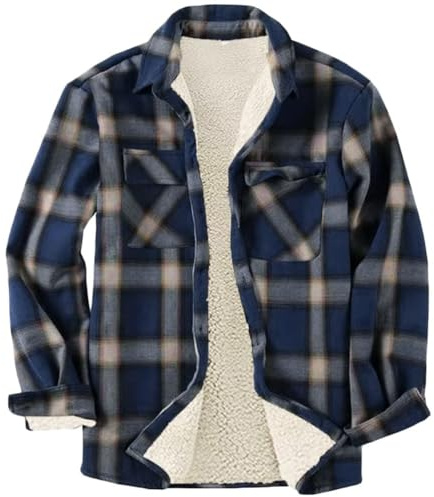 Minetom Chemises Homme en Flanelle Chemises À Carreaux Manches Longues Chemise Chaude De Bucheron Bouton Chemise Sherp Veste B Marin L
