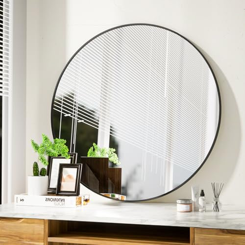 Koonmi 80cm Spiegel Rund Schwarz Runder Spiegel Wandspiegel mit Rahmen aus Aluminiumlegierung für Badezimmer, Waschtisch, Wohnzimmer, Schlafzimmer, Eingang Wanddekoration