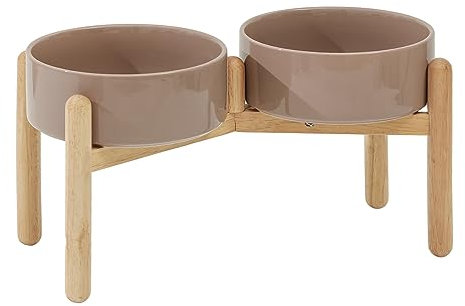 Havniva Hundenapf Keramik Fressnapf Erhöhter Futternapf Wassernapf mit Holzständer für Große Hunde (Doppelschalen mit Ständer - Brauner Kaffee, 1800ml)