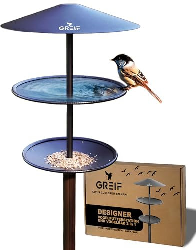 GREIF Vogelhaus mit Ständer Wetterfest - Vogelfutterstation mit Vogeltränke [2in1] Beschichtetes Carbon Stahl | Modernes Futterhaus für Vögel Vogelfutterhaus mit Ständer Vogelhäuschen Holz-Optik