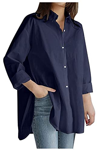 Chemisier Ample Grande Taille Femme Chic Et Élégant Coton Lin Chemise Bleu Femme Décontractée Chemise À Manches Courtes Chemise Boutonnée Unie À Manches Courtes