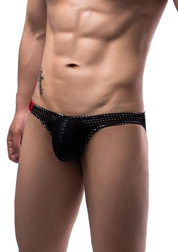 ohyeahlady Talla Grande Slips Hombre Sexy con Rejilla Cintura Baja String Transpirables Tanga Ajustable Bikini De Malla Calzoncillos Tipo Slip Suaves Comodos Ropa Interior Masculina (Negro,XL)