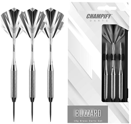 Champify® Blizzard Jeu de fléchettes en laiton 18 g avec pointe en acier | 3 fléchettes avec 6 tiges et ailettes | avec autres accessoires | Fléchettes avec pointes en acier idéales pour les débutants
