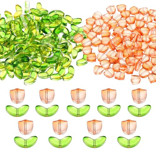 PATIKIL Tulip Flower Crystal Glass Beads, 200 Pack, Orange/Green