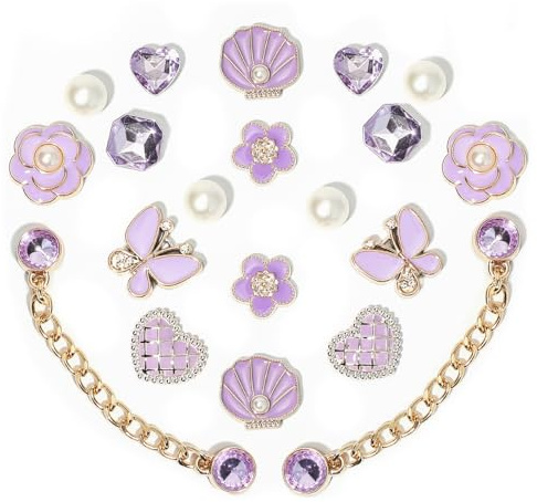 20Pcs Bling Shoe Charms for Clog Sandals Women, Purple Butterfly Flowers, Sparkling Rhinestones Shoe Chains, Gem Charms, Pearl Accessories for Girls, DIY Shoe Decoration Charms for Party Favor