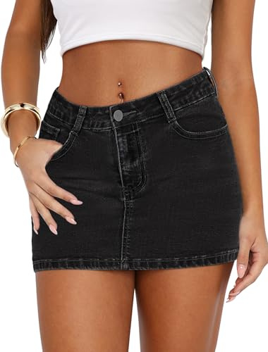 IWD Denim Mini Skirt Women Casual Stretch Jean Skirt Zip Fly Low Waisted Denim Skirt with Pockets Black Large