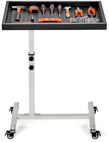 OLBRUS Adjustable Work Table with Wheels, Mechanic Rolling Tool Tray Table for Garage Repair Shops DIY, 220LBS Capacity Mobile Heavy Duty Steel Tool Cart (Gray)