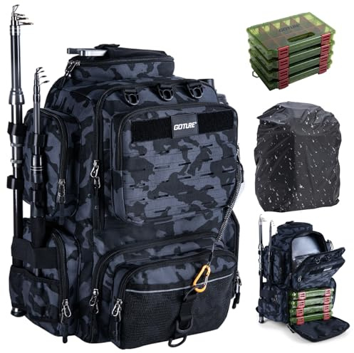 Goture Zaino da pesca, zaino per accessori da pesca con due supporti per canna e parapioggia, borsa per attrezzi da pesca impermeabile con scomparto regolabile e 8 tasche per esche, zaino da 45 litri