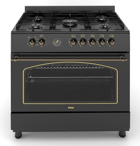 Ferre F9H50E7-BL-RETRO 90cm Dual Fuel Range Cooker With Double Turbo Fan & 5 Burner(1 Wok) - Matte Black