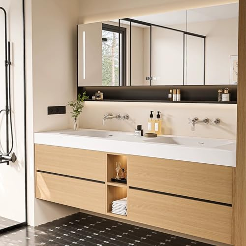 Moderno juego de tocador doble de 47 pulgadas con lavabo y armario con espejo, elegante mueble de baño beige y solución de almacenamiento para espacios contemporáneos