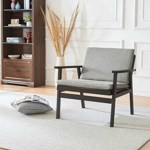 Panana Armchair, Wooden Accent Chair with PE Rattan Backrest, Wood Frame and Padded Seat Cushion & Back for Living Room, Bedroom, Home Office (Walnut with Light Grey Pad)