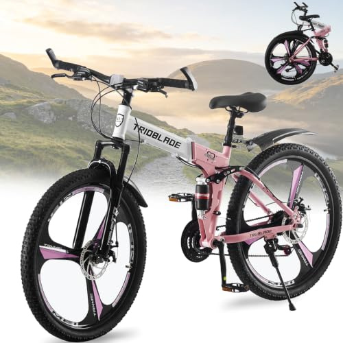 BSTSEL 24 26 27.5Inch Adult Folding Mountain Bike, Dual Suspension Mens Mountain Bikes with 3-Spoke Wheel, 21 Speed for Adults Mens and Womens Foldable Mountain Bicycle (24 inch Pink)