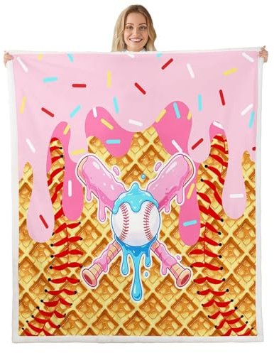 Loussiesd Manta Sherpa de béisbol para sofá, helado, goteo, dúnuts y salpicaduras, súper suave y acogedora, manta deportiva de forro polar para invierno, manta de felpa rosa con bate de béisbol