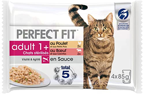PERFECT FIT Repas pour Chat Adulte Stérilisé - 52 Sachets Fraîcheur (Lot de 13 Packs 4x85g) - Pâtée pour Chat en Sauce - Poulet / Boeuf - Nourriture Complète & Equilibrée - Vitalité & Agilité