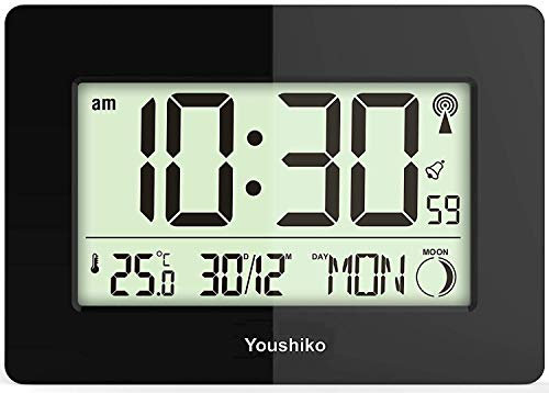 Youshiko Radio Controlled Wall Clock (Official UK Version) Large Screen LCD Silent Auto Set Up with Day Date Month