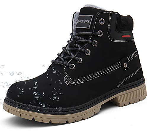 Snow Boots Womens Mens Winter Flat Ankle Boots Warm Fur Lined Fashion Combat Leather Shoes Casual Sneakers Work Walking Hiking Lace Up Outdoor Trainer Urban, Black, 7 UK