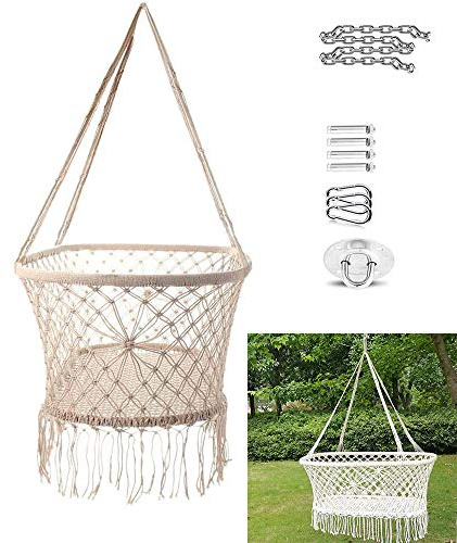YOGANHJAT Hanging Crib in Macrame Hanging Crib in Macrame Cotton Woven Rope Swing Patio Chair Seat for Infant to Toddler Beige Color Cotton Rope Weaved Nursery Decor Girl,White,With accessories