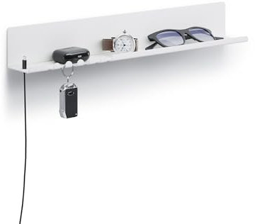 byde Helke - Mensola da Parete, 44 x 6 x 6 cm, 5 Ganci e Porta Cavi, In Lamiera di Acciaio Verniciato a Polvere, Organizer per Chiavi e Lettere per Ingresso, Corridoio, Cucina, Ufficio, Colore Bianco