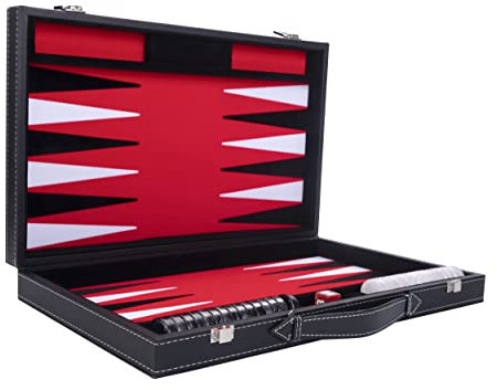 Engelhart - 250510 - Großes Luxus Backgammon 18 Zoll - Schwarz - 45 cm - Kunstleder - Filzeinlage - Perlmutt-Würfel & Spielsteine + 2 Becher - Strategiespiel - Profi & Freizeit