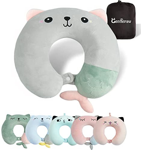 Gentlepaw Nackenhörnchen, Nackenkissen Kinder für Reise in Flugzeug, Auto, Zug, Memory Foam Reisekissen Erwachsene, U-förmiges Kissen mit niedlichem Tiermotiv, Kopfkissen Abnehmbarer Bezug (Grau)