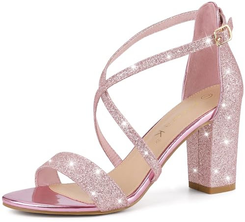 Allegra K Femmes Sandales Talons Blocs Sangles Entrecroisées Scintillantes Rose 39