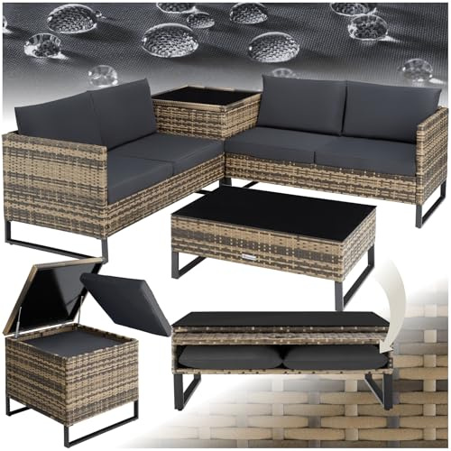 tectake® Salottino in Rattan Ostuni, Set da Giardino con 2 Sofà e 1 Tavolo con Lastra in Vetro, Box Contenitore, Cuscini Spessi, Telaio in Acciaio, Intreccio in Polyrattan - Naturale