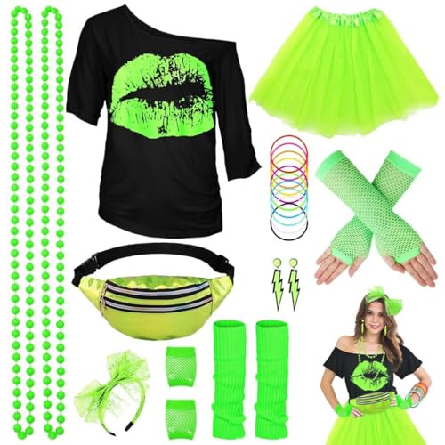 WILDPARTY 80-talsdräkt för kvinnor, t-shirt, tutu, midjeväska, pannband, örhängen, halsband, näthandskar, 80-talskostym, neontillbehör, festtema, karneval