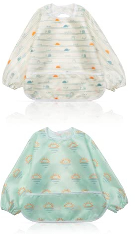 Little Dimsum Long Sleeves Toddler Weaning Bibs | Sleeved Baby Waterproof Feeding Coverall Set | Catching Food & Wipe Clean 6-36 Months（Turtle&Sun）