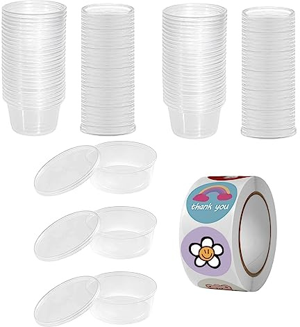 Yuaaoh Saucenbecher mit Deckel 50Stück Slime Aufbewahrungsbehälter, 1 Rolle 500 Aufkleber, Auslaufsichere transparent kunststoffbehälter für Dips Gewürze Ketchup Salate Schleim Floam Beads Behälter