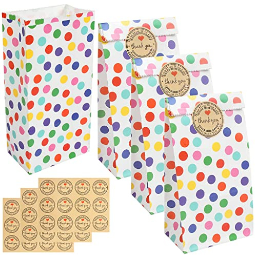 IKR 30PCS Paper Party Bags, Rainbow Dots Paper Grocery Candy Bags Favour Bags Kraft Treat Gift Bags with 36Pcs Stickers for Kids Birthday Valentines'Day Wedding Gifts(18 × 9 × 5.5CM)