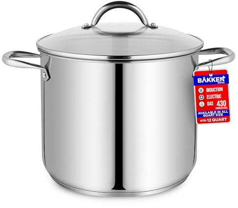Stainless Steel Stockpot with Tempered Glass Lid 12 Quart, Durable 18/0 Stainless Steel, Impact-Bonded Base for Even Heating, Riveted Handles, Oven & All Stove Compatible, Safe Up To 500°F (260°C)