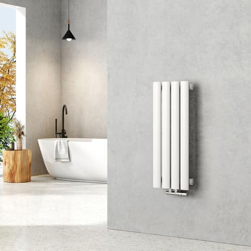EMKE Radiatore piccolo 600 x 240 mm, ovale a pannello, attacco centrale, verticale, design, radiatore tubolare, monostrato, bianco, 177 Watt
