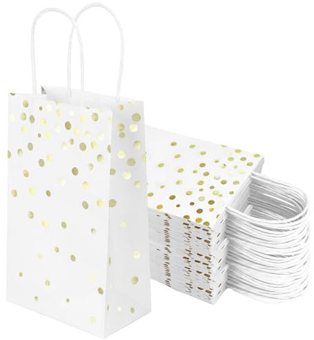 Papiertüten 24 Stück Weiß Gold Geschenktüten mit Henkel, 23 x 14 x 8 cm Wiederverwendbare Kraftpapier Tüten, Papierdekoration
