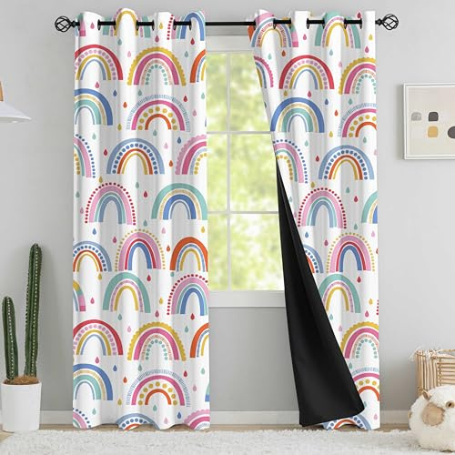 chiinvent Blackout Rainbow Curtains for Kids Cute Rainbow Room Darkening Window Curtains Decorative Cartoon Black Out Curtain for Girls Bedroom Nursery, C3, 52 x 63, 2 Panels (90% Blackout)