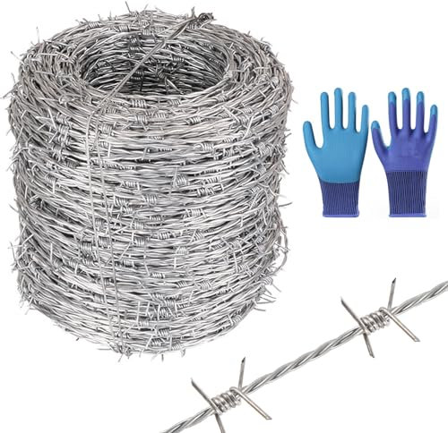 Fil de fer barbelé Begonia 1,8 mm x 8 m, rouleau de fil de fer barbelé galvanisé, clôture en fil de fer barbelé, fil de barrière galvanisé à chaud, fil de barrière avec gants, fil de barrière pour ba