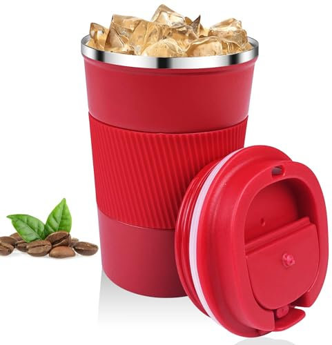 Relota Taza de Café 380mL Rojo, Termo para Llevar 304 Acero Inoxidable, Vaso Térmico Antigoteo para Coche, Hermético para Café Frío y Caliente, Leche y Té