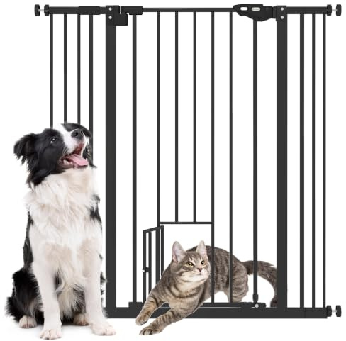 PawHut Barrière de sécurité Animaux de 104H cm Conception Haute avec Porte Chat Fermeture Automatique système de Double Verrouillage sans percage de 74 à 101 cm Acier Noir