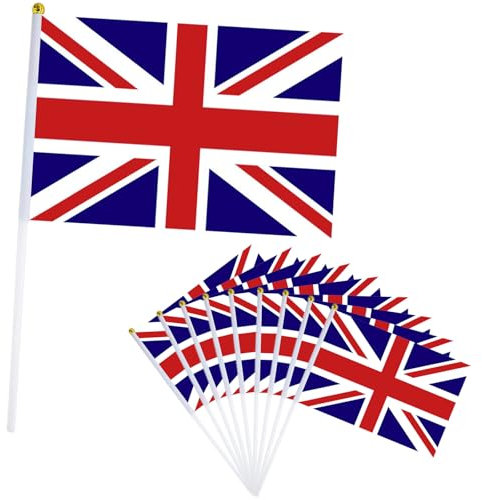 Mini Flag Britain 10PCS UK Stick Flag for VE Day 80th Anniversary Decoration,Union Jack King Charles III Handheld Flags,14x21cm Mini Handheld Flags for VEDay 80th Garden Bar Party Decorations