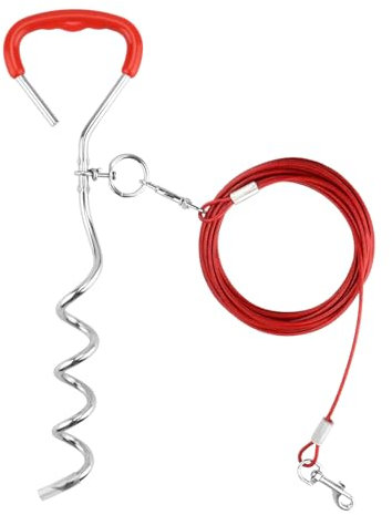 Homvvi Cable de amarre y estaca para perro, línea de plomo para perro de 19.6 pies con estaca en espiral, estaca para perro para exteriores, camping, jardín, playa, correa de perro resistente para