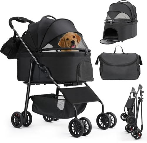 MAMIZO Passeggino per cani 3 in 1, fino a 20 kg, 4 paia di ruote doppie a 360°, con una borsa a tracolla, pieghevole per cani di piccola taglia e media, nido per animali domestici, Nero