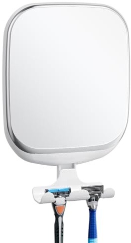 TAILI Shower Mirrors for Shaving Anti Fog, Suction Shaving Mirror for Shower with Storage Holder, Wall mounted, NO-Drilling & Removable, Shatterproof, Bathroom Accessories For Men and Women, White