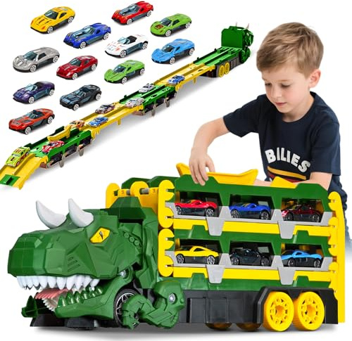 Sternstunde Camion Giocattolo Per Bambini, Con 12 Auto Da Corsa Macchinine Per Bambini, Auto Giocattolo Portatile Camion Dinosauro Per 3, 4, 5, 6 Anni Ragazzi Regalo Ragazzi (Verde)