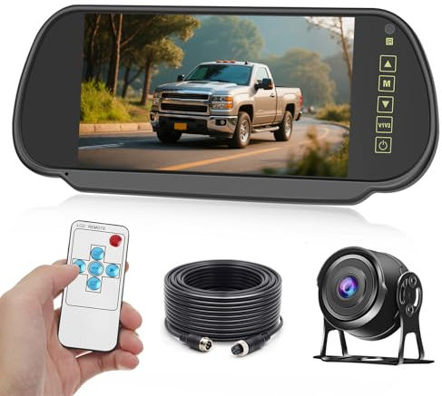 Inefala Kit Telecamera Posteriore con 7 HD Specchietti Retrovisori Monitor, +Telecamera di Retromarcia Grandangolare Impermeabile Visione Notturna +15M Cavo per RV Bus Truck Camping 12V-24V