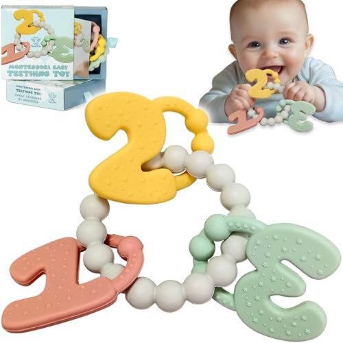 Flying Kitten Early Learning Baby Teething Toys - Montessori Silicone Baby Teether with Number Shapes 1 2 3, Sensory Brain Development Teething Relief Rings 4-6 Months, bpa Free Infant Toys 6-12 mths