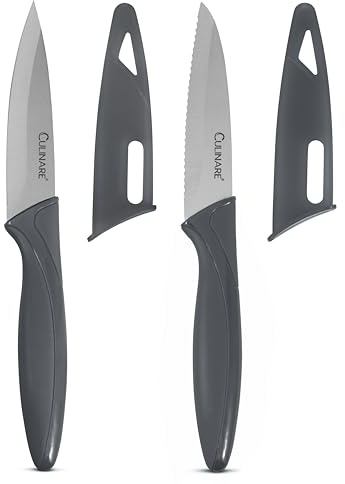 CULINARE 2 Piece Knife Set, Grey, Stainless Steel, 9cm Ultra Sharp Blades, 2 x Kitchen Knives with Protection Covers, Smooth Cutting/Firm Grip/Non-Slip Handle, Dishwasher Safe