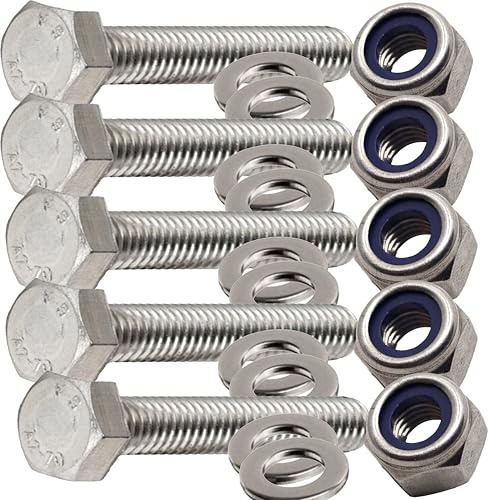 Set di bulloni a testa esagonale, M8 x 90 mm, con dadi in nylon e rondelle, in acciaio inox, completamente filettati (confezione da 5)