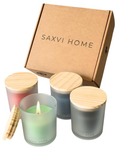 Set de 4 Velas Aromáticas Artesanales SAXVI HOME - Cera de Abeja Pura y Aceites Esenciales Ecológicos - Vela en Vaso de Cristal - Pack Regalo Lujo Mujer (Lavanda, Limón, Ylang Ylang y Árbol de Té)