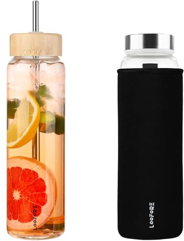 LOOFORE 32 oz Glass Water Bottle with Straw - Reusable Eco Friendly Bpa Free - Borosilicate Glass Water Bottles with 2 Lids & Neoprene Sleeve - for Gym, Sports & Workout, Daily - 1 Pack