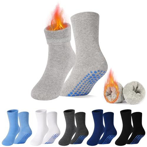 ELUTONG Toddlers Thickened Non-Slip Socks, 6 Pairs Boys Girls Warm Soft Mid-Calf Socks for Kids Aged 1-7